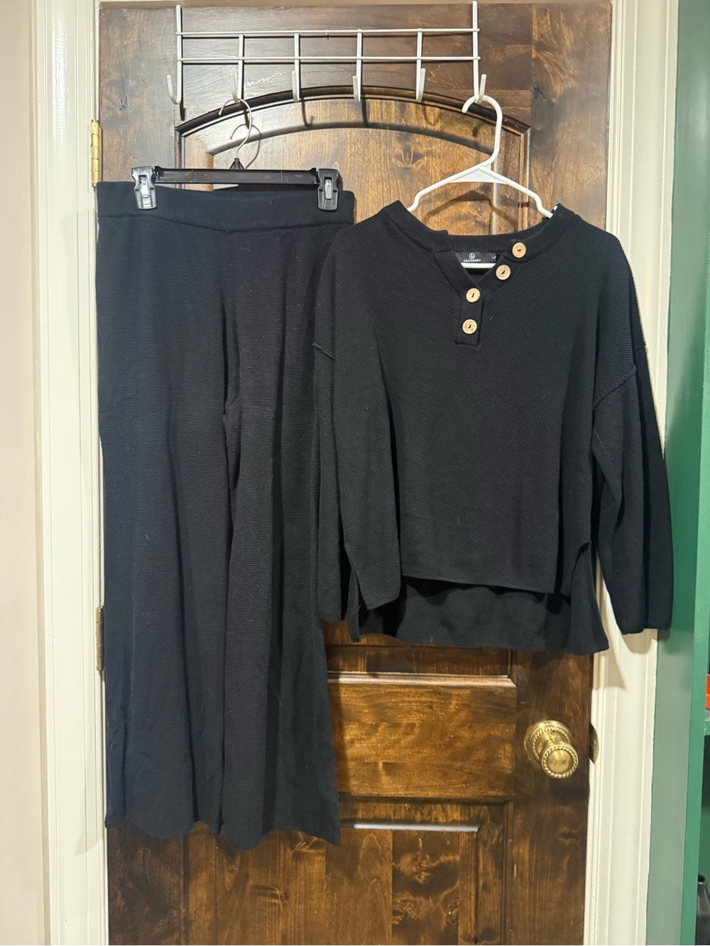 Black Two-Piece Knit Lounge Set with Button Neck
